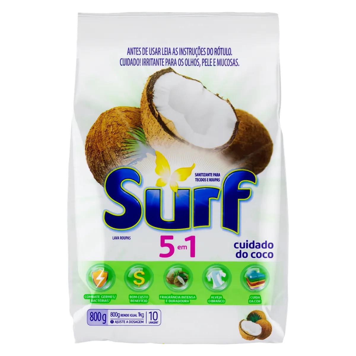 Lava Roupas em Pó 5 em 1 Cuidado do Coco Surf 800g