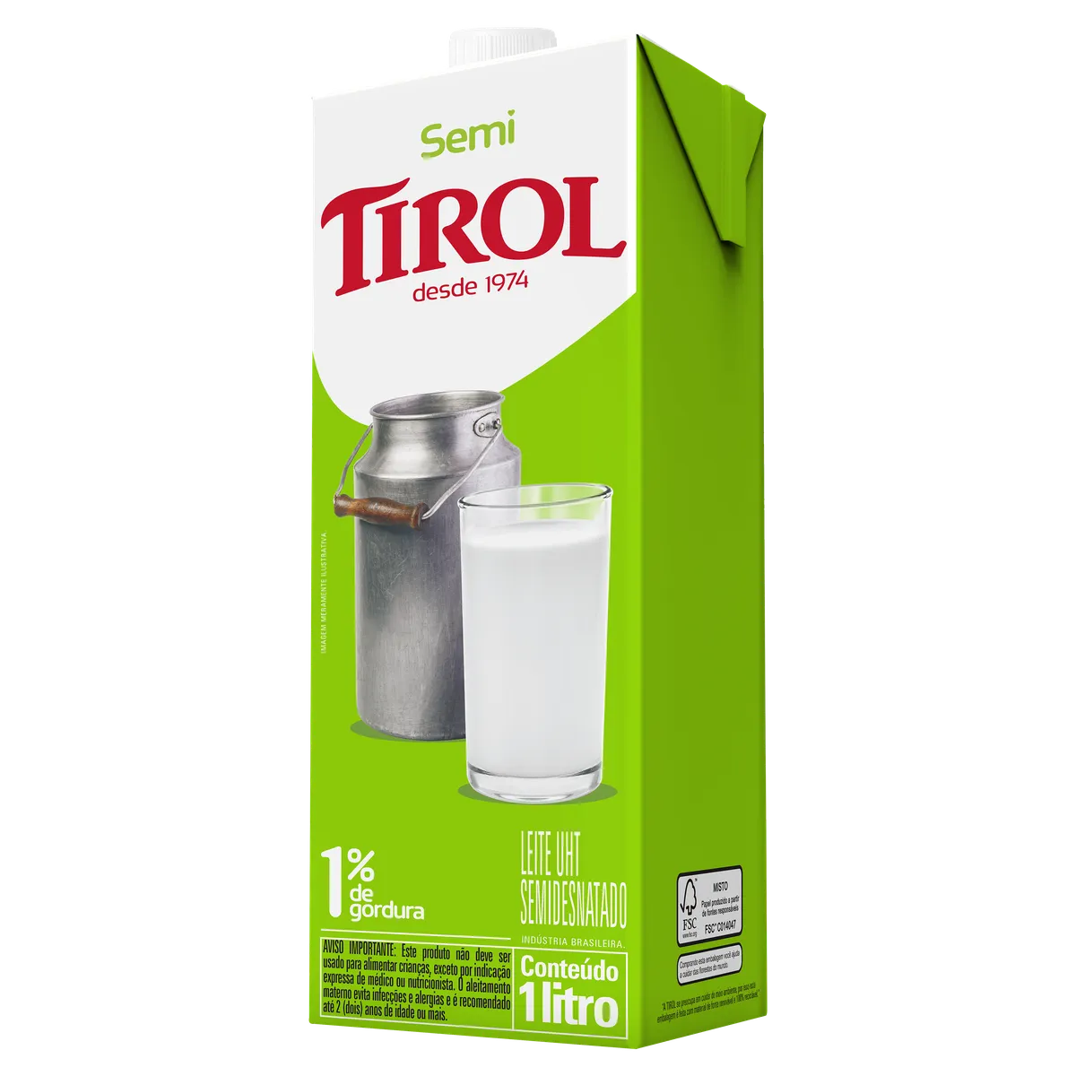 Leite UHT Semidesnatado Tirol Caixa com Tampa 1l